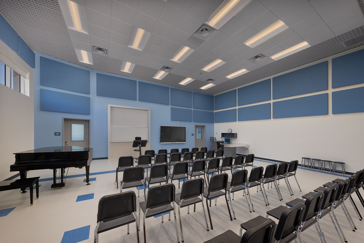 Interior design choral room view of the Plumosa School of the Arts in Delray Beach. FL. 